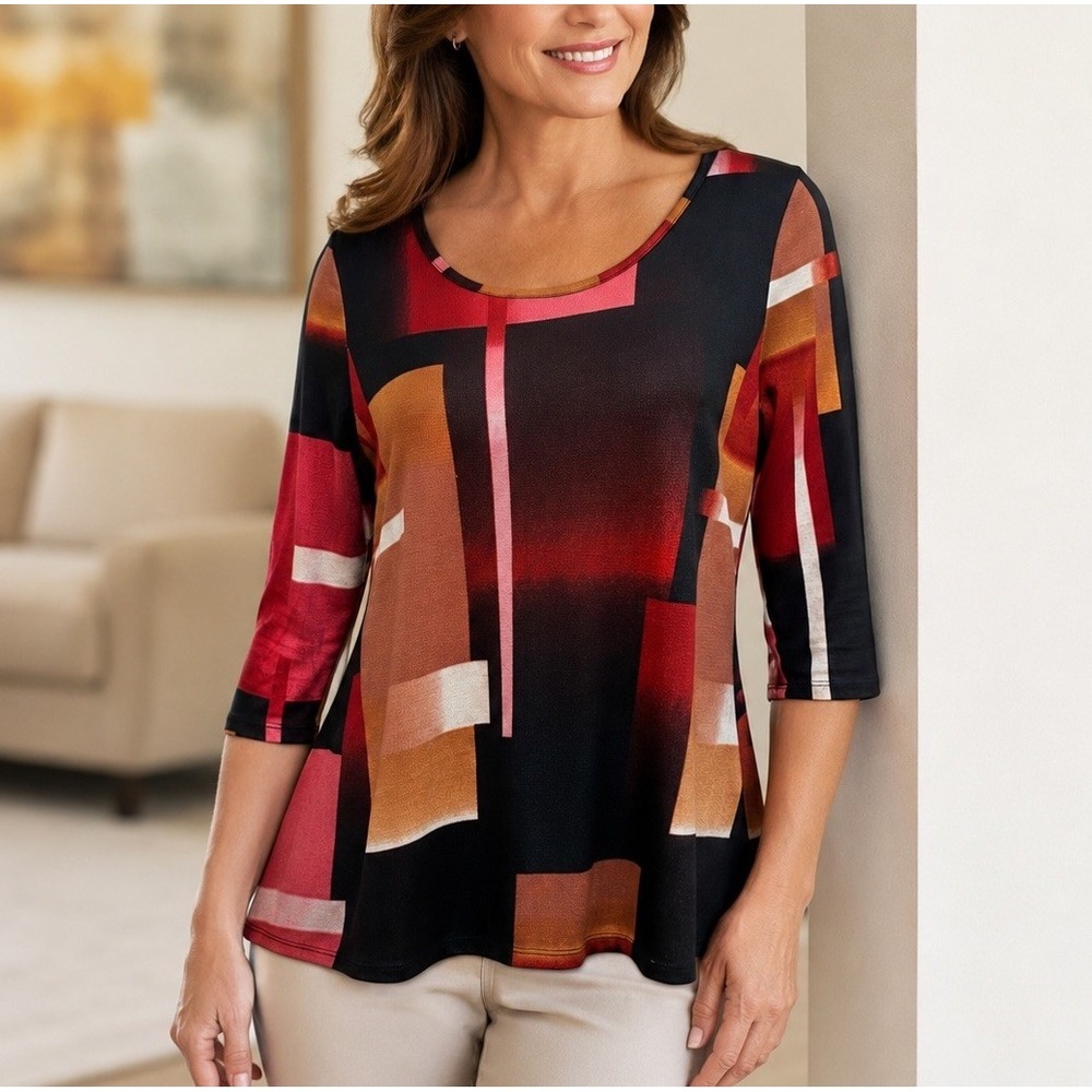 Allison Brittney Womens M Rust Black Geometric Tunic Sweater 3/4 Sleeve Asym Hem
